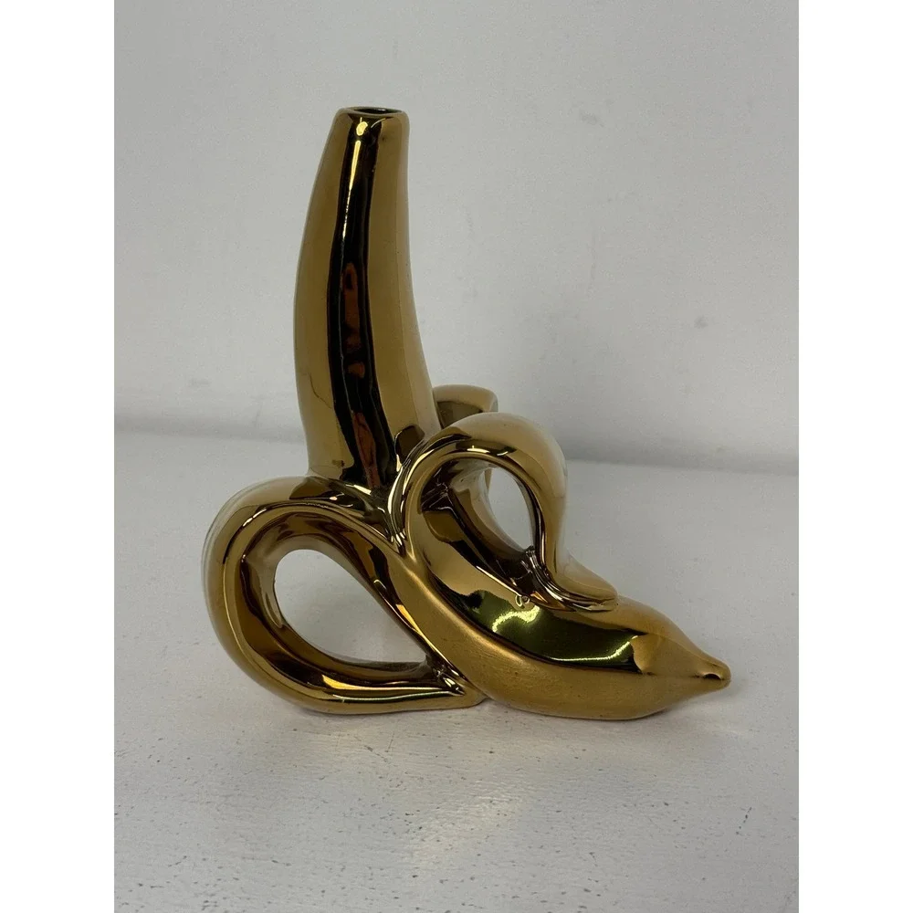 Gold Chrome Peeled Banana Ceramic Bud Vase Pop Art Sculptural Home Decor